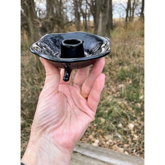 Vintage Pair Black Amethyst Glass 3 Footed Candlestick Holders - Picture 4 of 11